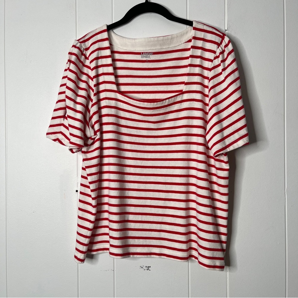 Lands' End Red and White Striped Women's Top Square Neck Puffed Sleeve XL